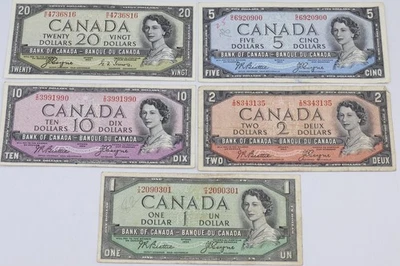 Lot of 5 - 1954 Bank of Canada $20, $10, $5, $2, $1 Banknotes Devil's Face - Image 1 of 3