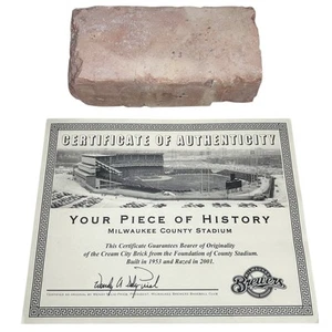 BREWERS Milwaukee County Stadium Brick & Certificate Game History Braves CoA - Picture 1 of 10
