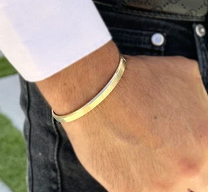 Cuff Bangle 6mm Width Knife Edges Solid Heavy 14K White Yellow Or Rose Gold Mens - Picture 1 of 15