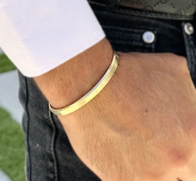 Brazalete Brazalete 6mm Ancho Bordes de Cuchillo Sólido Pesado 14K Blanco Amarillo o Oro Rosa Para Hombres Foto 1 de 4