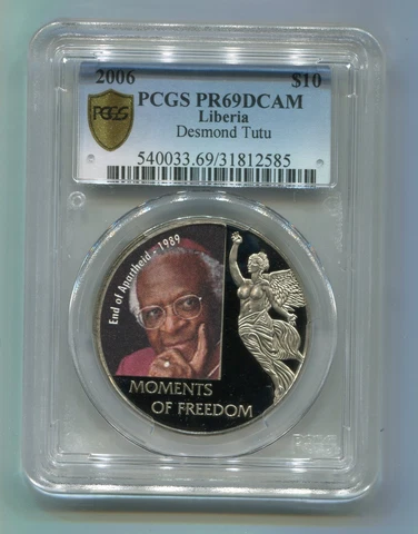 PCGS Secure PR69DC Proof Liberia 2006 Desmond Tutu $10 Colorized Rare Coin Cover