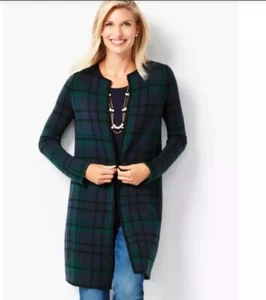 Talbots Tartan Plaid Cardigan Women Small Blue Green 100% Merino Wool Open Front - Picture 1 of 7