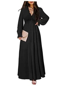 Womens Casual Boho Deep V Neck Short Sleeve Long Dress X-Large Solid Black - Picture 1 of 7