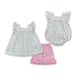 Rustic Blossom Floral Summer Shorts Set & Romper Sibling Sister Clothes - Picture 1 of 20