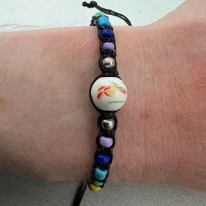 Floral Flower Rainbow Bead Bracelet Black Wristband Bangle Womens Girl Jewellery - Picture 1 of 4