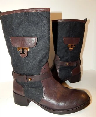 Tory Burch Leona Botas Negras Franela Cuero Marrón Cremallera 7M Foto 1 de 4