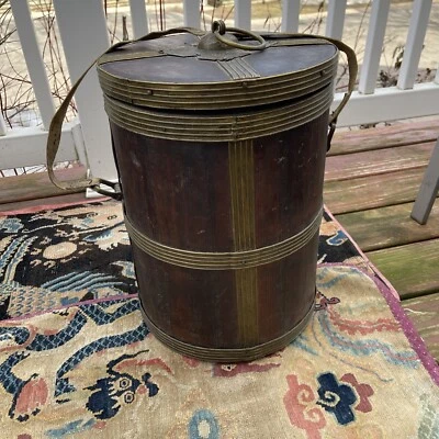 Antiguo artefacto de recipiente de almacenamiento Tsampa de madera chino tibetano del siglo XX Foto 1 de 4