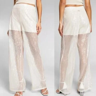 NWT Jeannie Mai X INC Womens Disco Party Sheer Wide Leg Sequin Pants 18W Ivory - Image 1 of 4