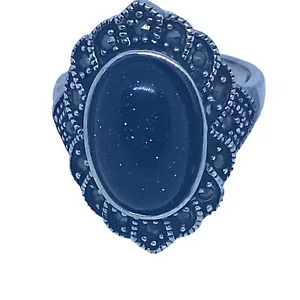 Marcasite Oval Dark Blue Stone Ring Tibetan Sliver Base 10x16mm Size 8 - Picture 1 of 5
