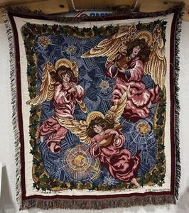The Edith Collection Angels Throw Burgundy Blue Pink Red Christmas 51” x 43 - Picture 1 of 7