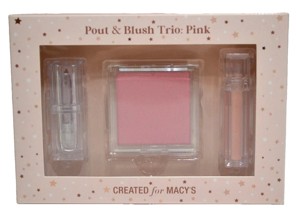 Womens Pout & Blush Trio: Pink Powder Blush Lipstick Lip Gloss Gift Set 3 Pc New - Image 1 of 1