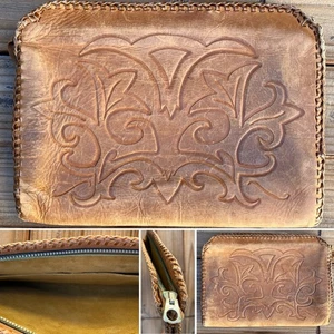 Vintage Tooled Leather Clutch Art Nouveau Western Cowboy Talon Zipper Distressed - Picture 1 of 24
