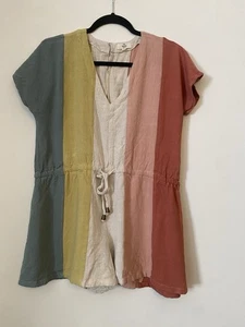 Entro Romper Womens Medium Multicolor Striped Short-Sleeve Shorts Boho Linen - Picture 1 of 8