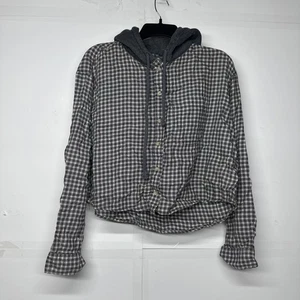 Camisa con capucha de franela recortada mediana gris a cuadros abotonada American Eagle para mujer - Imagen 1 de 12