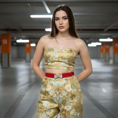 Mujeres Rojo Ajustado Elástico Cadera Cintura Alta Cinturón Metal Dorado Lazo Cinta Hebilla S M Foto 1 de 4