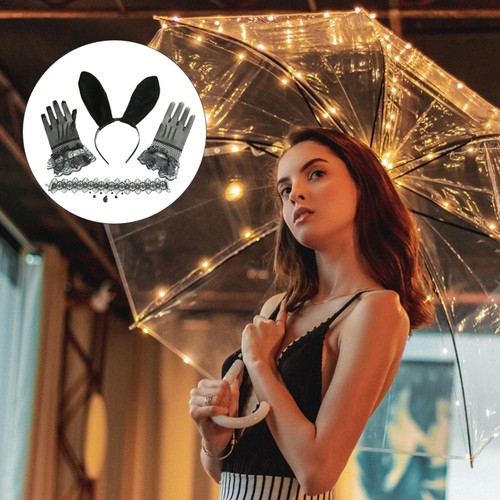 VETEMENTS 1 Set Bellissimi Guanti in Pizzo Orecchie di Coniglio Fascia Forcina Cosplay Collana (Nero)