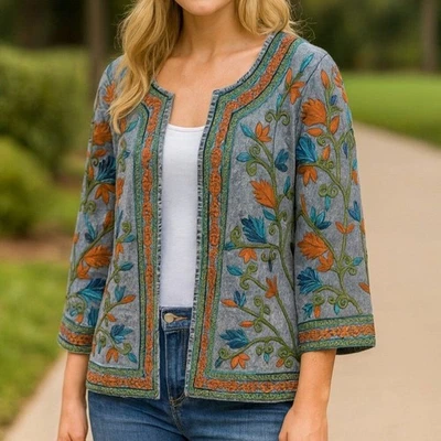 Chaqueta de perejil y salvia bordada floral boho artística frente abierto NUEVA NUEVA CON ETIQUETAS Foto 1 de 4
