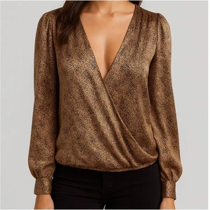 Sincerely Jules Large Satin Wrap Top Gold Brown Animal Print Top  - Picture 1 of 9