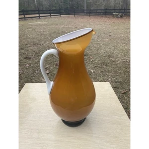 Empoli Cased Glass Butterscotch Pitcher 10.5” - HTF White Handle Vintage MCM - Picture 1 of 8