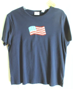 T-shirt donna nuova con etichetta Classic Elements taglia L 14 16 blu navy bandiera perline - Foto 1 di 4