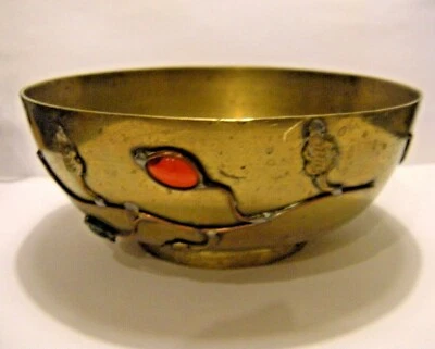 Pretty 6" Antique Chinese Jade and Coral Glass Cabs Jeweled Accent Brass Bowl  - Image 1 of 4