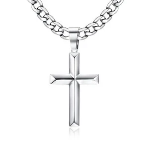 Fansilver 925 Sterling Silver Cross Pendant Necklace Diamond-Cut Cuban Link C... - Picture 1 of 8