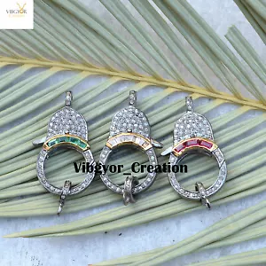Pave Diamond Lobster Clasp Lock Baguette Gemstone Finding 925 Silver Accessories - Picture 1 of 9