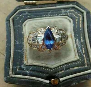 2.5Ct Marquise Cut Lab Created Blue Sapphire Wedding Ring 14k Yellow Gold Plated - Picture 1 of 5