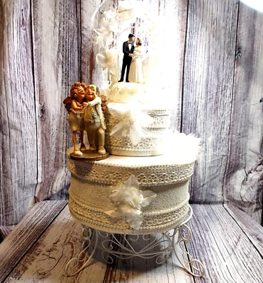 Decretive Round Storage Box Set of 2, Wedding Artificial Cake W/Stand +Toppers. - Image 1 of 4