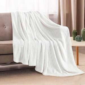 Super Soft Fleece Throw Blanket, 60" x 80" Twin Size - Cream White - Picture 1 of 5