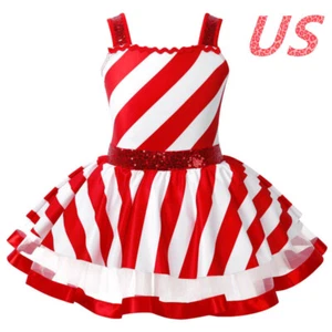 Girls Sequins Ballet Leotard Skating Tutu Dress Christmas Candy Cane Costumes - Picture 1 of 18