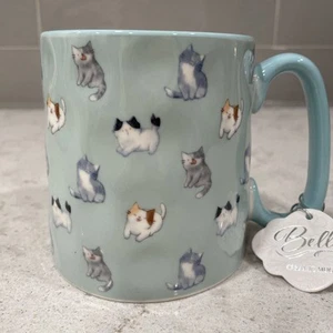 KITTY CATS AQUA BLUE Print BELLA 10 Strawberry Street Mug Gift Tag Cat Print NEW - Picture 1 of 6