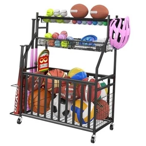 Garage Sports Equipment Organizer,Sports Ball Organizer with Wheels,Mesh  - Picture 1 of 8