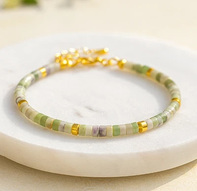 Jade Bracelet Green Tube Beaded Stone Adjustable 18k Gold-plated Chain Jewelry - Image 1 of 4