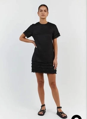Dissh Georgie Mini Dress Size 6 AU / US 2 Black Linen Short Fringe Detail - image 1 of 4