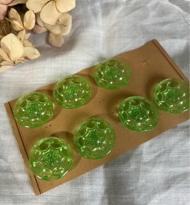 French Green Glass Flower Pattern Buttons 7pcs Antique Used - Image 1 of 3