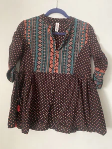 Mesmeriical Top Womens M Black Orange Bohemium Geometric 3/4 Sleeve 100% Cotton - Picture 1 of 9