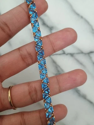 Vintage 925 Sterling Silver Tennis Bracelet Trillion Cut Blue Gemstones Thailand - Image 1 of 4
