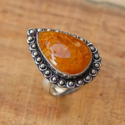 Anillo Ámbar - Lágrima Boho Distintiva Joyería, Plateado 925 Talla 7 Foto 1 de 4