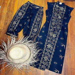 METALLIC GOLD BLACK 50’s 50s Vintage Hawaiian Teatimer Capris Tunic Dress Set Xs - Picture 1 of 12