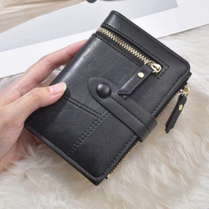 Schwarze Damen Leder kurze Geldbörse Damen klein kompakt Kreditkartenetui Portemonnaie - Bild 1 von 4