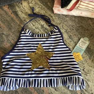 Cat & Jack Girls L 10/12 Navy & White Bikini Top Gold Flip Sequin Star NWT - Picture 1 of 3