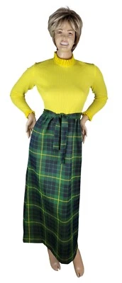 Maxi Vestido Geek Anfitriona Vintage Años 70 Momentum Amarillo y Verde A Cuadros Cinturón Talla 12 Foto 1 de 4
