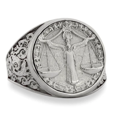 Real 18K White Gold Libra Ring, Zodiac Sign Mens Gold Coin Ring Astrology - Image 1 of 4