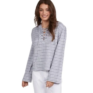 ROXY Cabo Trip Lace Up Long Sleeve Top Striped Woven Light Sweater Women’s Large - Picture 1 of 12