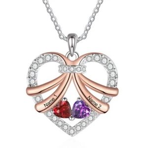 Custom 2-4 Birthstone Name Necklace Engraved Jewelry Zirconia Heart Pendant Gift - Picture 1 of 8