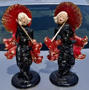 Pair VINTAGE HEDI SCHOOP CALIFORNIA POTTERY ASIAN GIRL Geisha FIGURINE Red Black - Bild 1 von 16