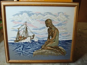 Vintage Framed Handmade Mermaid Crewel Embroidery Wall Art Signed Dated - Picture 1 of 11