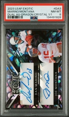 2023 Leaf Exotic Dual Autographs Joe Montana, Dan Marino DA-3 Dragon Crystal 1/1 - Image 1 of 2