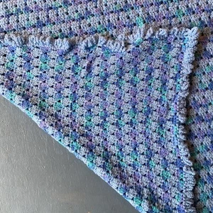 Handmade Knit Crochet Afghan Blanket Cross Stitch, Blue Green Lavender 52 X 63” - Picture 1 of 7